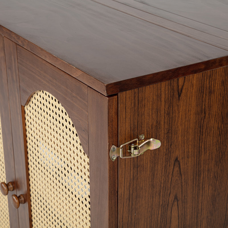 Grand lit escamotable, armoire-lit en bois de pin avec centrale électrique et panneau de décoration en rotin, Noyer