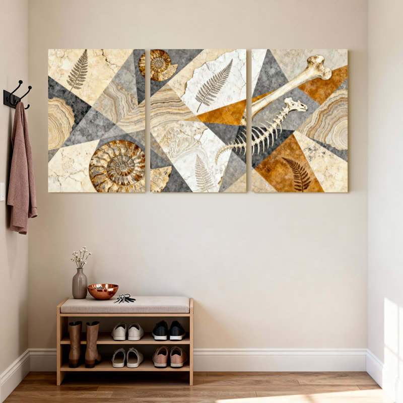 Ensemble de 3 tableaux abstraits géométriques à motifs de fossiles et de fougères, sur toile tendue., H 30 po x l 60 po