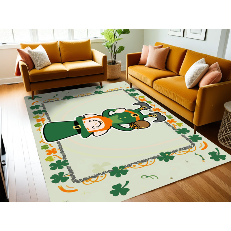 The Holiday Aisle® Washable Saint Patrick's Day Clover Leprechaun Holiday Rug, Rectangle 3' x 5'