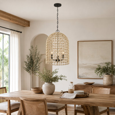 3-Light Dimmable Dome Pendant Light Rope Chandelier with Black Metal Chain