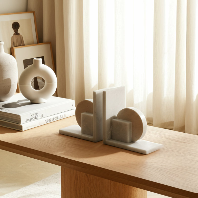 Geometric 6" Travertine & Marble Bookends Set