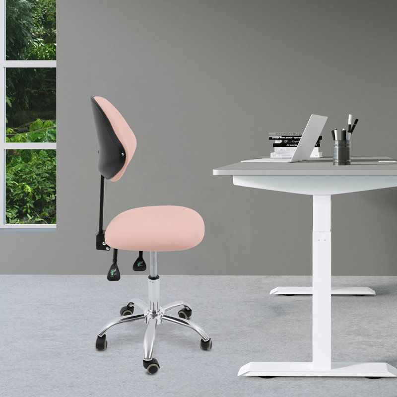 Adjustable Saddle Stool With Backrest And Wheels, Ergonomic Rolling Chair For Salon, Spa, Clinic, And Office Use, Pink