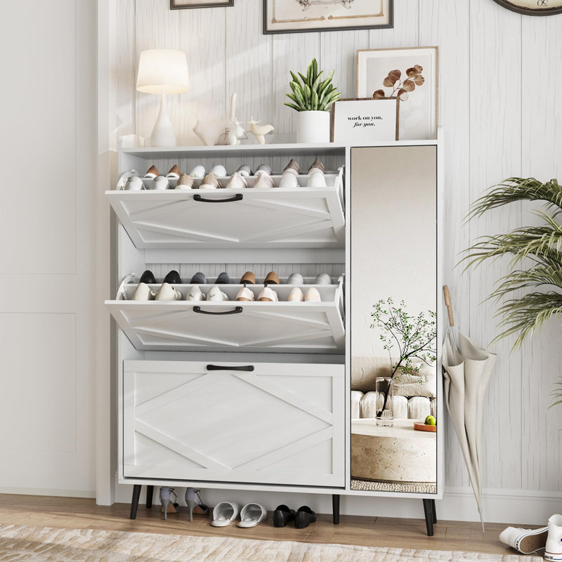 Armoire de rangement pour chaussures avec 3 tiroirs rabattables et miroir, Blanc / Blanc