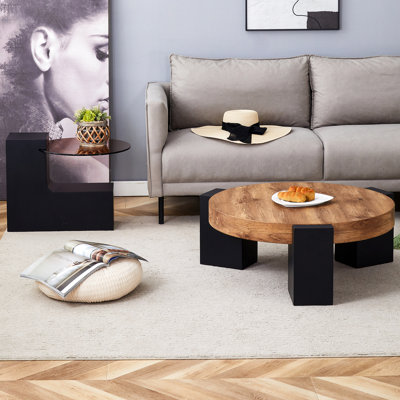 Double-Layer Round Coffee Table With Transparent Glass Top And Black Legs, Practical Brown Strong Support Legs