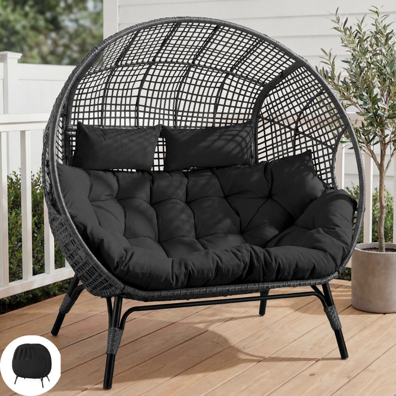Fauteuil d'œuf d'extérieur surdimensionné en osier pour 2 personnes avec housse imperméable, causeuse double avec coussins