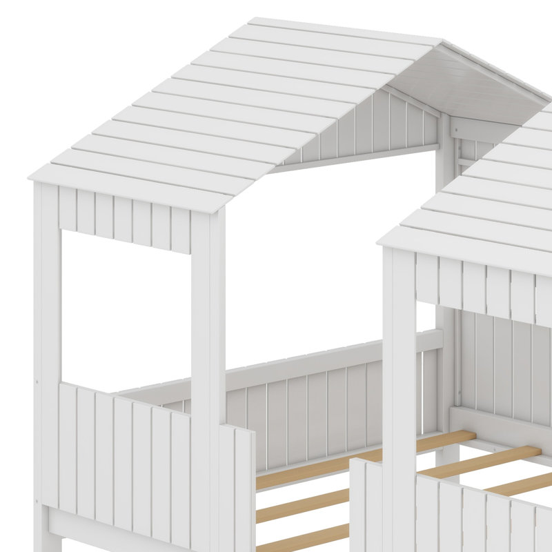 Wood Bunk Bed With Roof, Window, Guardrail, White