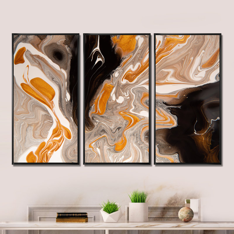 Orange et noir Marble Waves III - ensemble d'art mural moderne sur toile encadrée 3, H 32 po x l 48 po