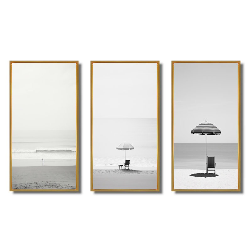 Minimalisme noir et blanc, ensemble de 3 photos d'art nautique et de plage, Encadrement doré, H 40 po x l 60 po