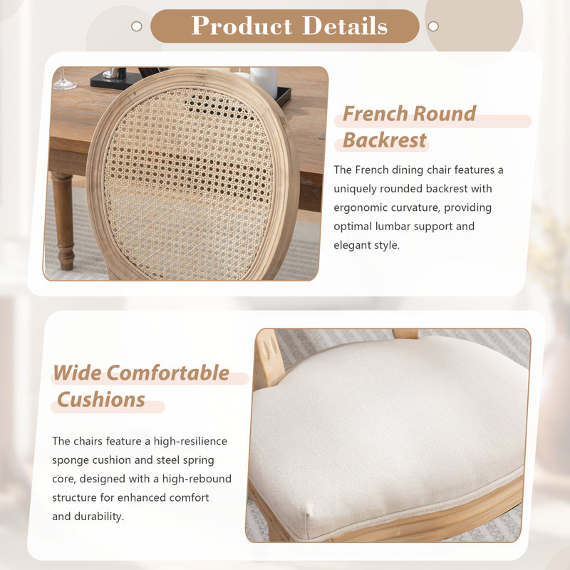 Beige Upholstered Cane Back Wood Side Chair Set