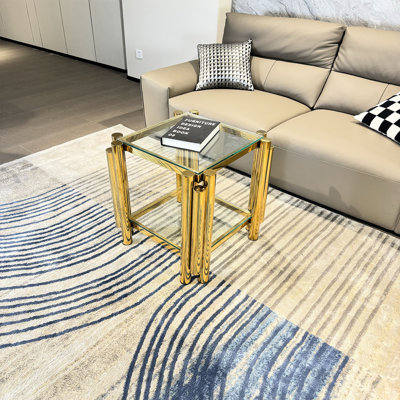 Table d'appoint carrée 20 pouces, moderne en acier inoxydable avec verre transparent double couche, or, rangement pour bureau