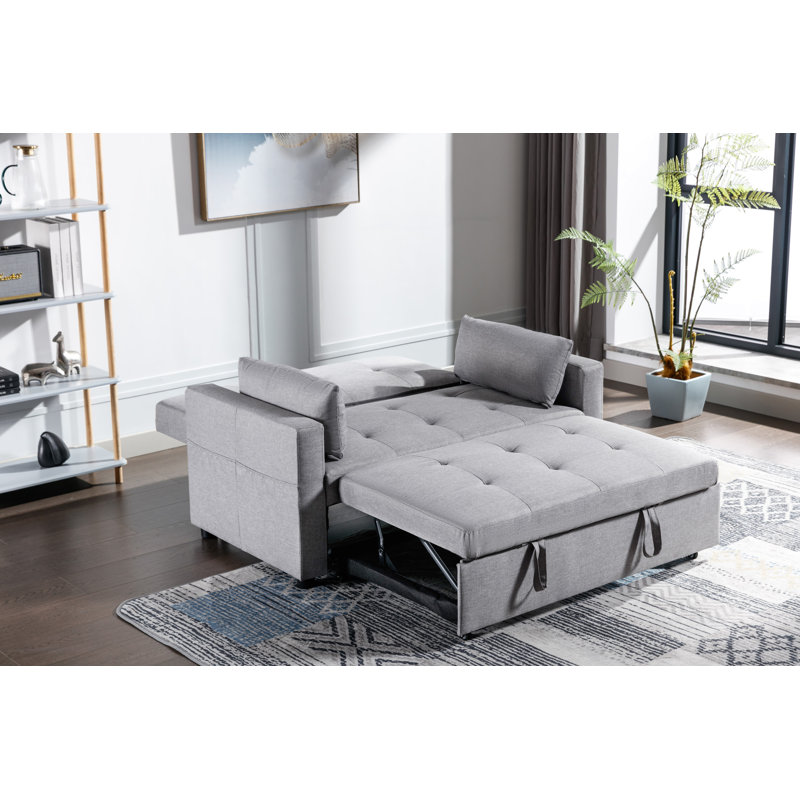 Linen Fabric 3-In-1 Convertible Sleeper Loveseat With Side Pocket, Light Grey