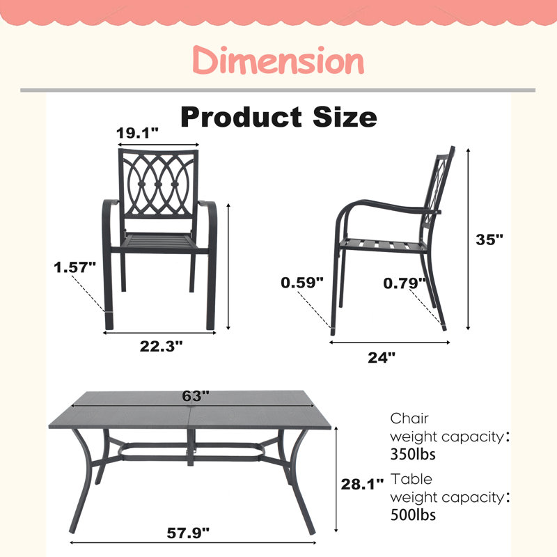 Ensemble de salle à manger 7 pièces pour patio, table rectangulaire 63 po x 38 po à grain de bois en métal avec trou pour parasol + 6 chaises en métal (capacité de 350 lb)