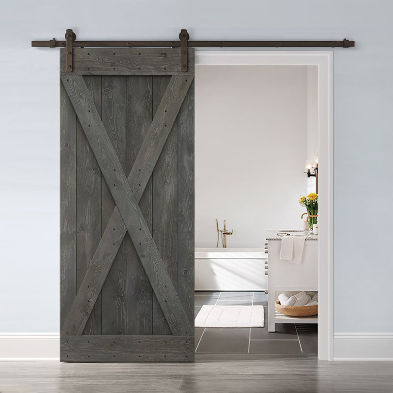 Porte de grange à panneaux et en bois avec quincaillerie d'installation, 42 po x 84 po, Gris carbone, Bronze huilé