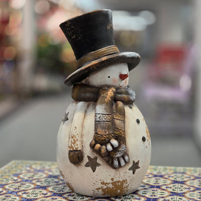 16" Tall Vintage-Style Snowman-Shaped Candleholder with Black Hat