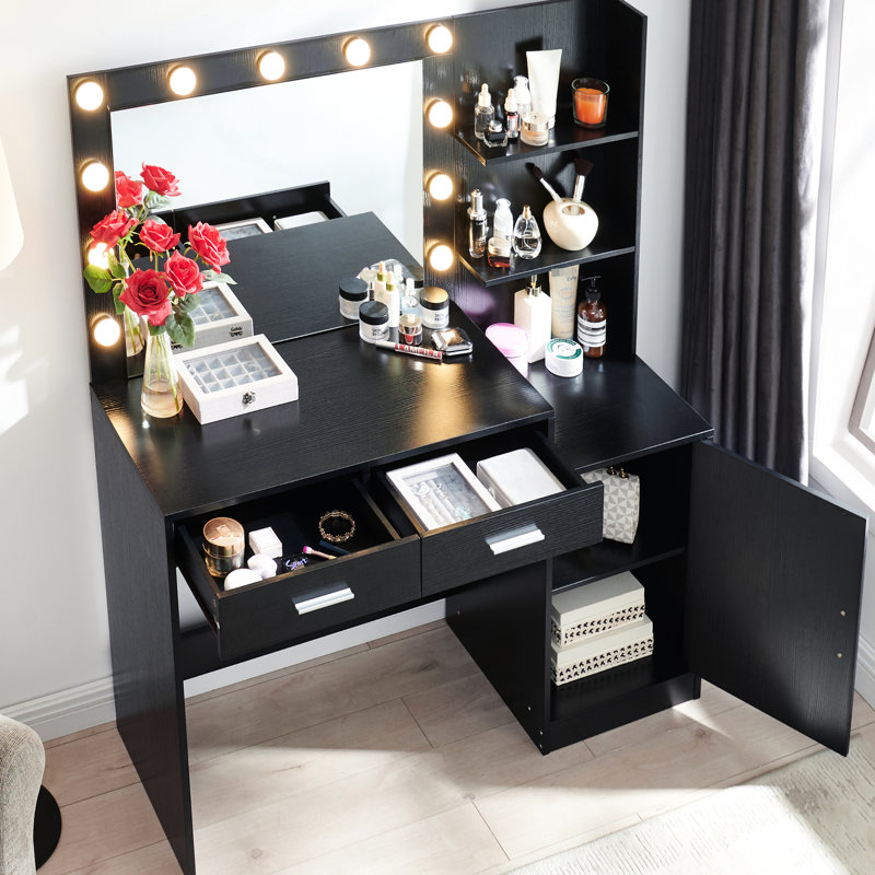 Meuble-lavabo noir avec miroir et lumières, Noir