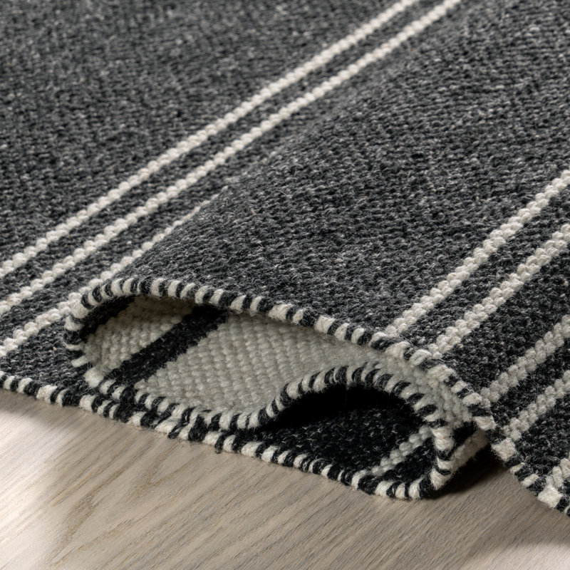 Amariana Striped Hand Loomed Wool Area Rug in Black/White, Runner 2'6" x 8'