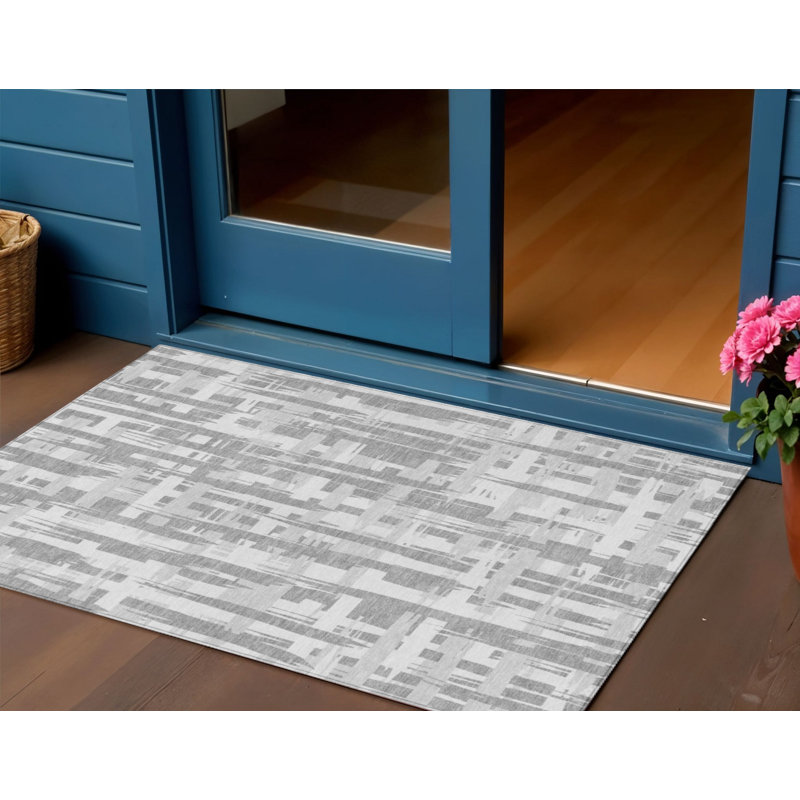3' X 5' Gray Silver And Ivory Striped Washable Indoor Outdoor Area Rug
