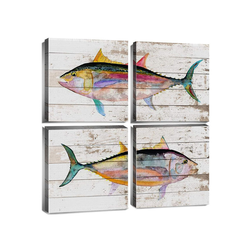 Tuna Fish Wall Decor Ocean Canvas Art Beach Bathroom Coastal Decor Rustic Fish Pictures Kitchen Nautical Sea Animal Painting Marine Life Artwork for Bedroom Dinner Room Modern Home Decorations 16x16"