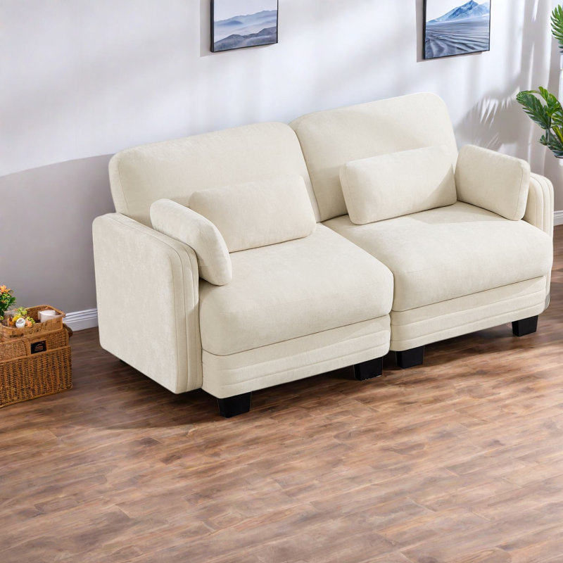 Canapé d'angle modulaire à compression, 2 places en chenille beige, style minimaliste moderne, salon