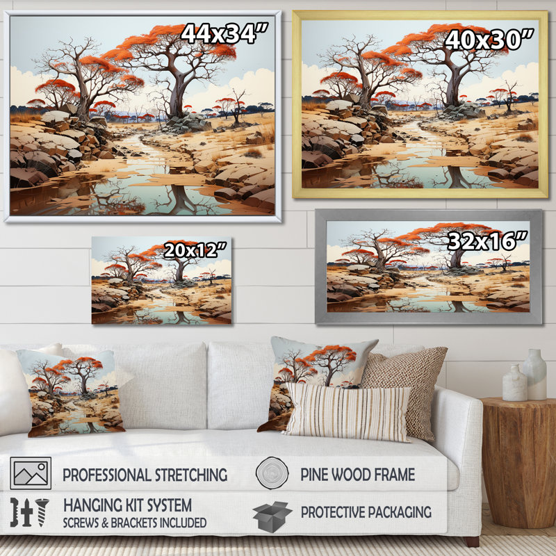 Paysage de baobab onirique, Cadre flottant doré, H 24 po x l 32 po x P 1 po
