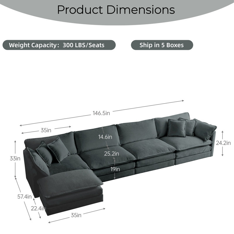 146" Upholstery Modular Sectional Set, Gray Chenille