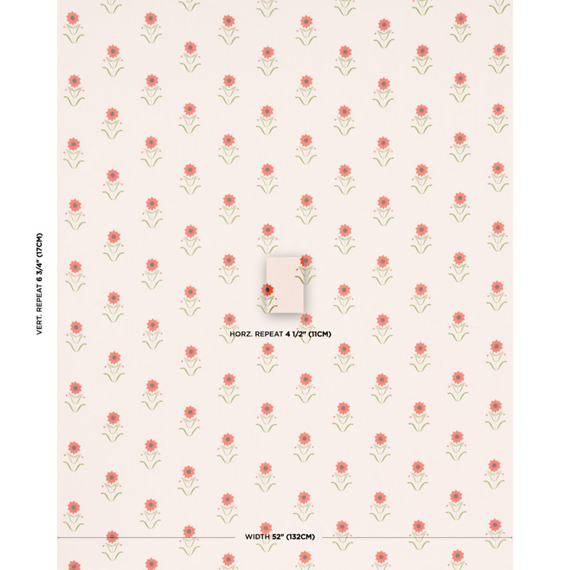 Schumacher x Peg Norriss Forget Me Nots Fabric, Red/Pink