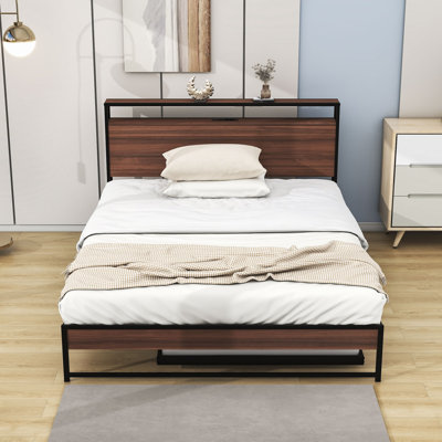 Janessah Metal Platform Bed with Twin Size Trundle, Headboard and USB Ports