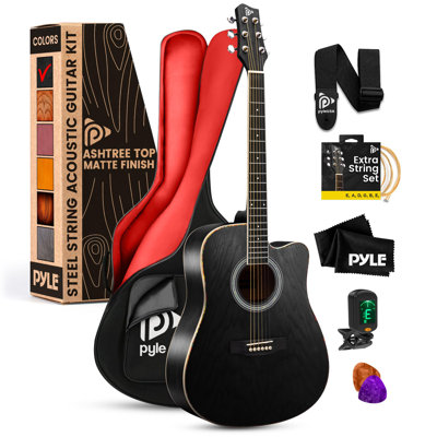 Pyle Steel String Acoustic Guitar Kit, 41" Full Size Cutaway With Ashtree Top, Open Pore Finish, Premium Accessory Set With Armored Gig Bag, Black Mat