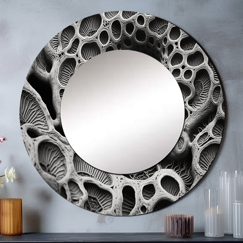 Corail sérénité en noir et blanc - décor de miroir mural unique coraux, grand miroir rond côtier, impression d'art en métal