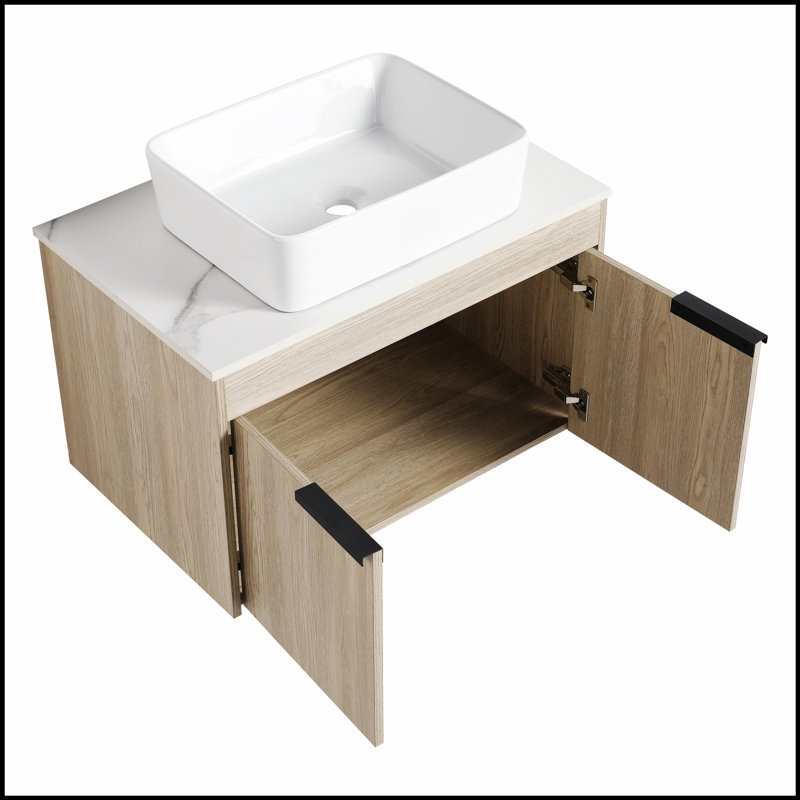 Meuble-lavabo mural moderne en chêne blanc avec lavabo en céramique, rangement spacieux pour des salles de bain élégantes et fonctionnelles