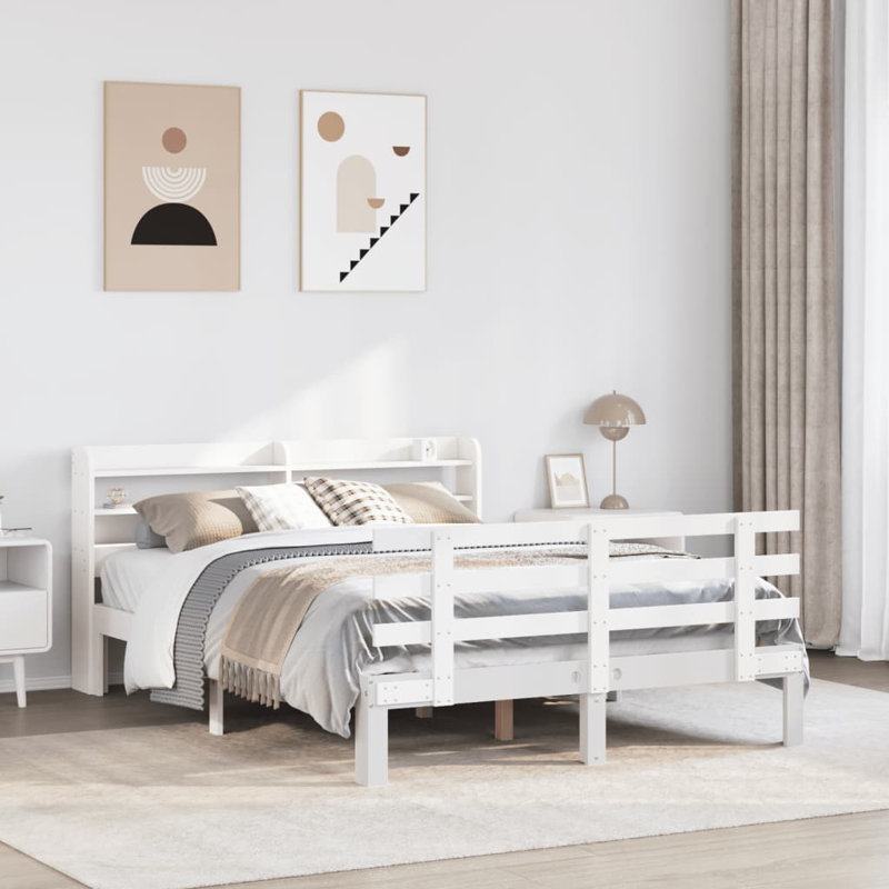 Bed Frame With Headboard Without Mattress, 150 x 208cm, White