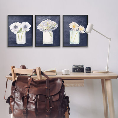 Navy Blue Flower Bouquets 3 Piece Giclee Art Set by James Wiens