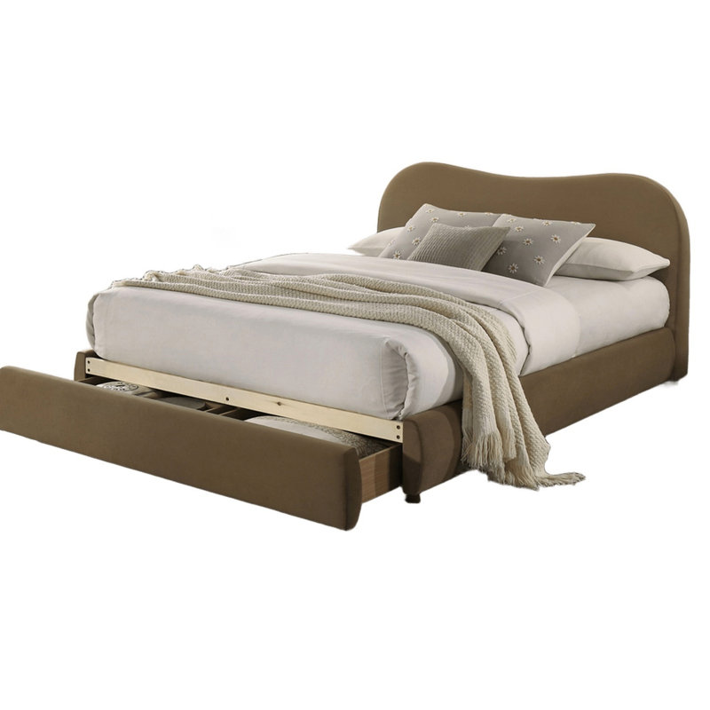 Grand lit avec tête de lit courbée en velours brun, style contemporain, rangement, rangement en bois massif et bois d'ingénierie, cadre de lit