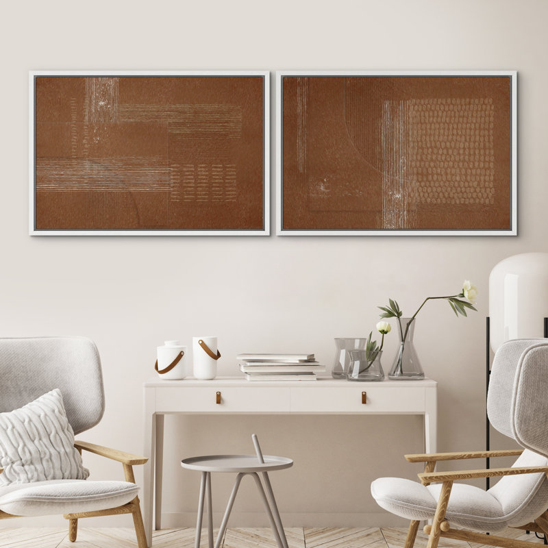 Mid-Century Modern Brown Abstract Polygon - ensemble de 2 reproductions sur toile flottantes, H 24 po x l 36 po, Blanc