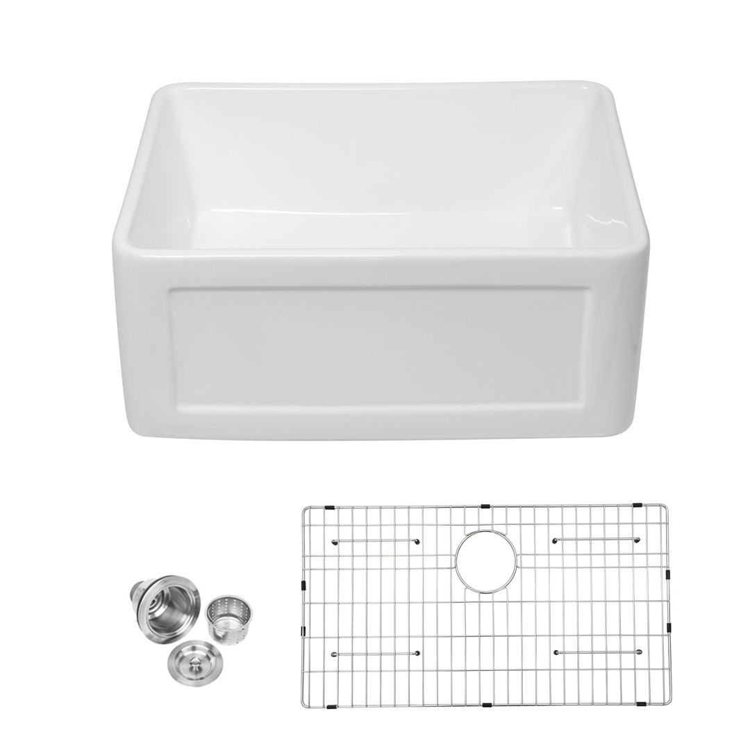24'' L x 18" W Farmhouse Kitchen Sink White Ceramic Single Bowl Kitchen Sink Apron Front Sink Logmey