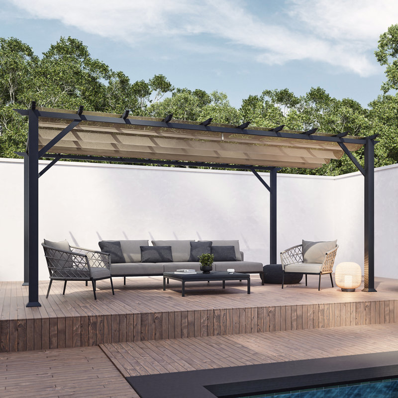 Florence  Aluminum Pergola in Gray Powder-Coated Finish with Adjustable Canopy, Sand, 11 ft. W x 16 ft. D