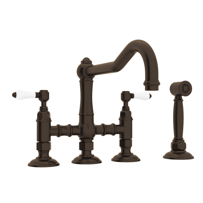 Acqui Bridge Kitchen Faucet With Side Spray, Tuscan Brass, Porcelain Lever Handle