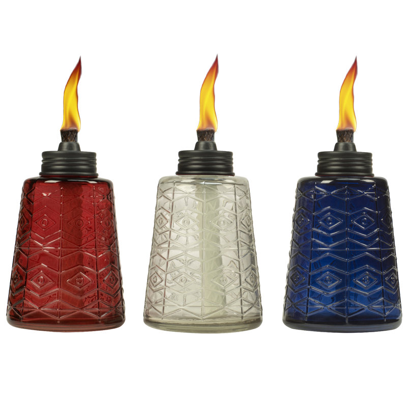 Red, Clear, and Blue Glass Tabletop Torches with Fiberglass Wick