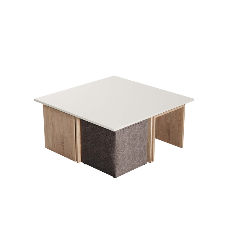 Ensemble de table basse et de repose-pieds rembourrés en polyester Haley Mid-Century, Plateau crème / base brune