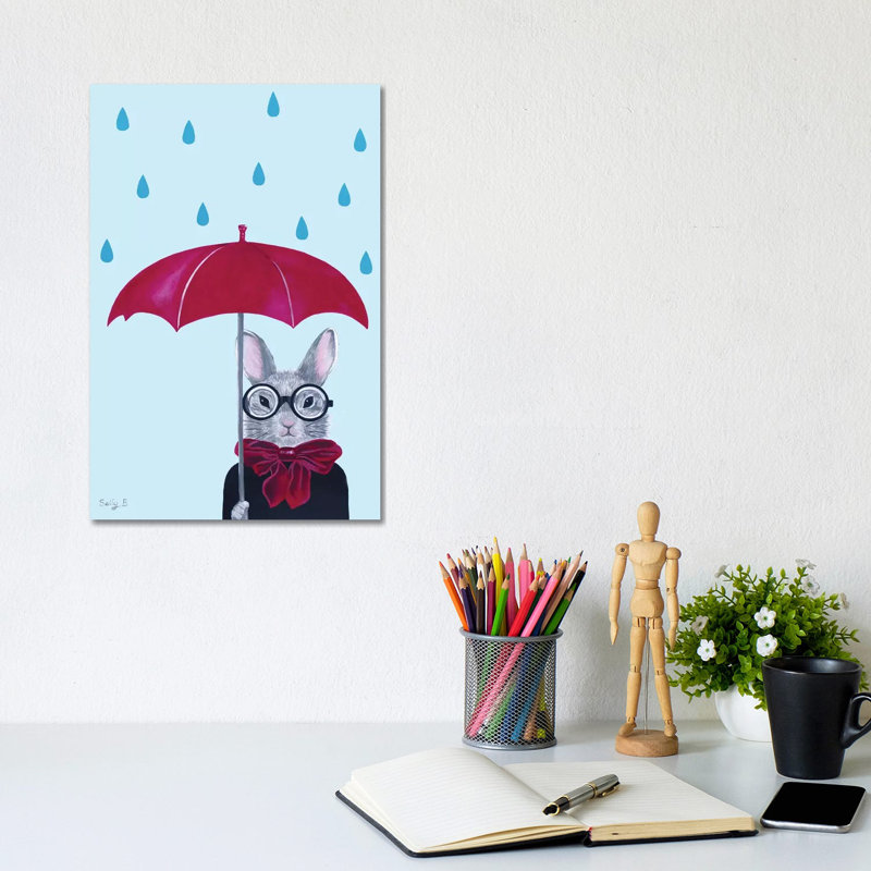 Rabbit With Red Umbrella In The Rain by Sally B - Gallery-Wrapped Canvas Giclée on Canvas, Canvas, 20.32 cm H x 30.48 cm W