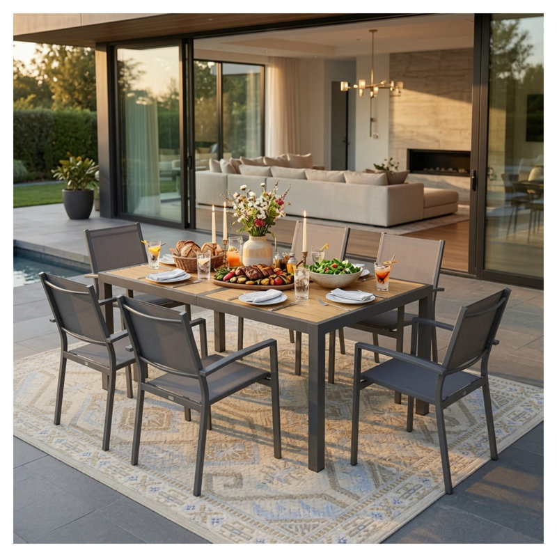 Ensemble de salle à manger 7 pièces en métal gris avec table rectangulaire HDPS et 6 chaises