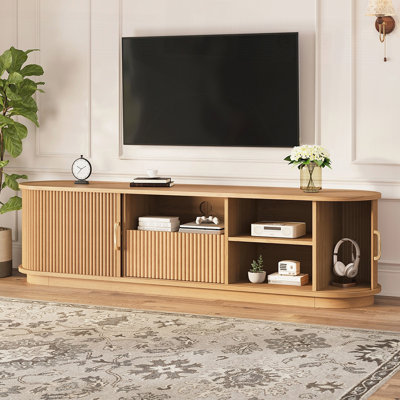 Vintage Rustic TV Stand with Sliding Wood Slatted Doors for TVs up to 75, Farmhouse Fluted TV Cabinet with Drawer, Wood Grain Media Console with Cable Management