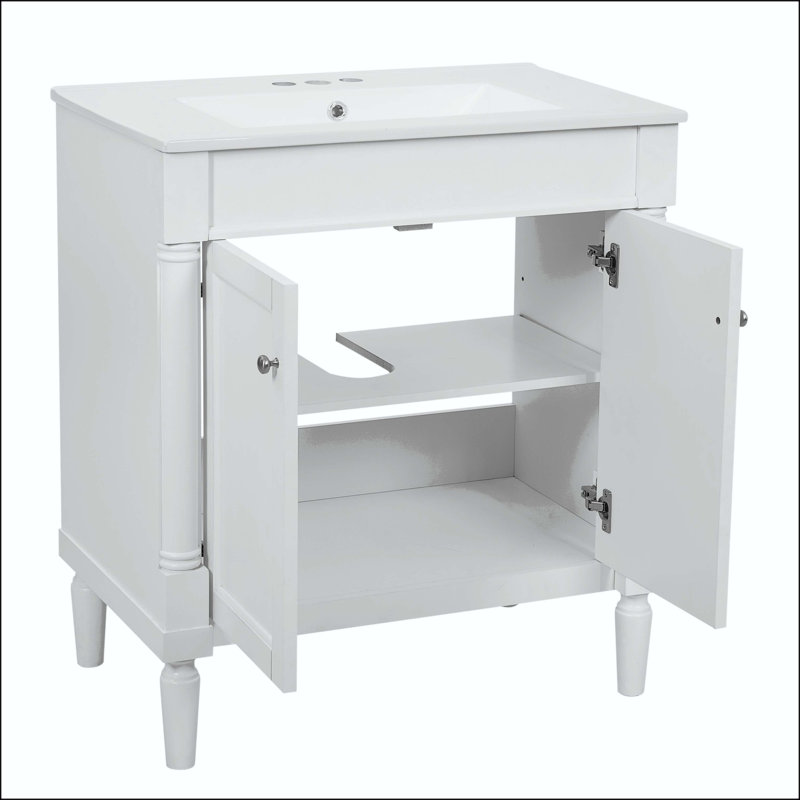 Meuble-lavabo de 30 po avec élégance française et tablette réglable, White/Silver