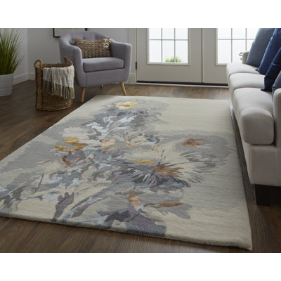 Tapis décoratif floral et botanique, gris / bleu / orange Dafney