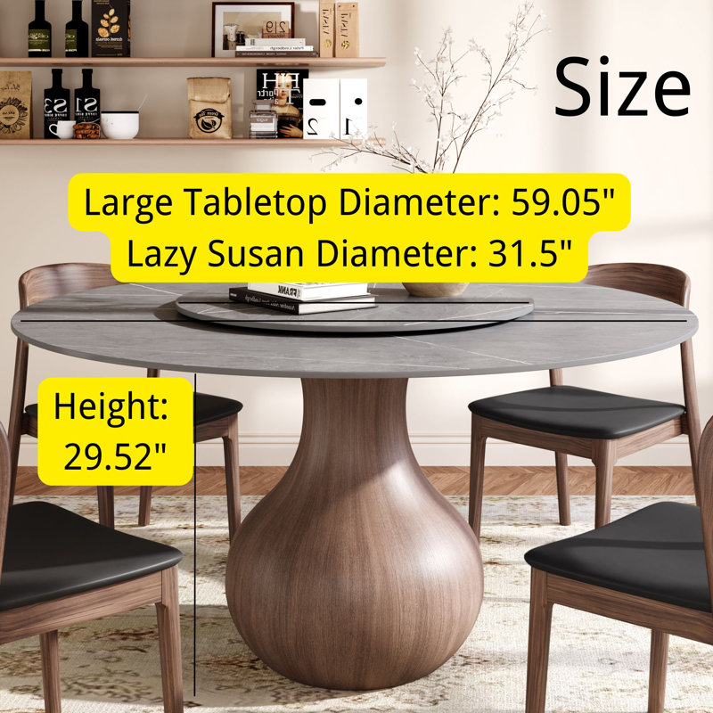 Table de salle à manger gris brouillard avec plateau tournant amovible, H 29,5 po x L 59 po x l 59 po