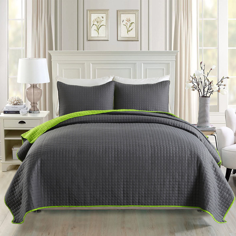 Ensemble de courtepointe réversible en microfibre 3 pièces A-QSM072020001, Courtepointe pour grand lit + 2 taies décoratives