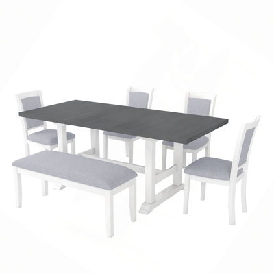 6-Piece Updated 76.9" Extendable Trestle Dining Table Set with Removable Leaf, Kitchen Table Set with Upholstered Side Chair and Bench
