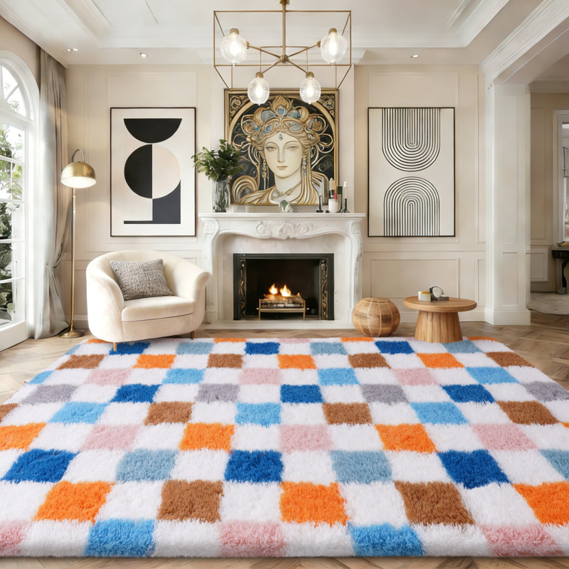 Checkered Fluffy Rug 6x9 Ft Washable Shaggy Fluffy Rug for Bedroom Living Room Plaid Runner Rug Fuzzy Shag Carpet Non-Slip for Kids Toddler Room Nursery Playroom