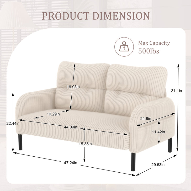 Canapé double élégant et élégant avec tissu en velours côtelé doux et structure en bois robuste pour une vie moderne, Beige
