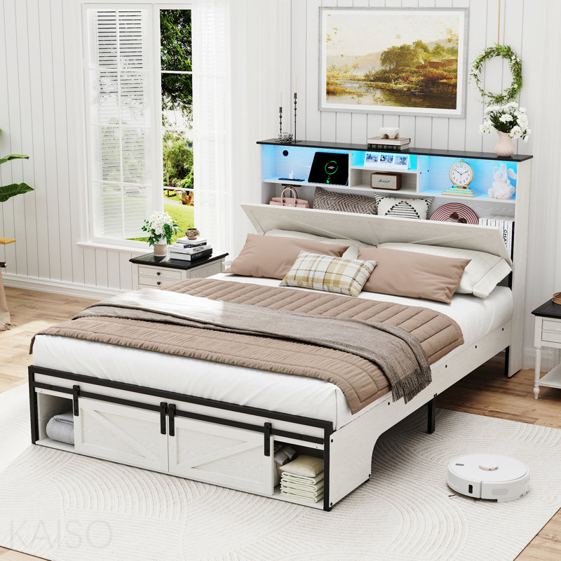 Base de lit grand format Farmhouse avec tête de lit, station de charge et lumières DEL, blanc